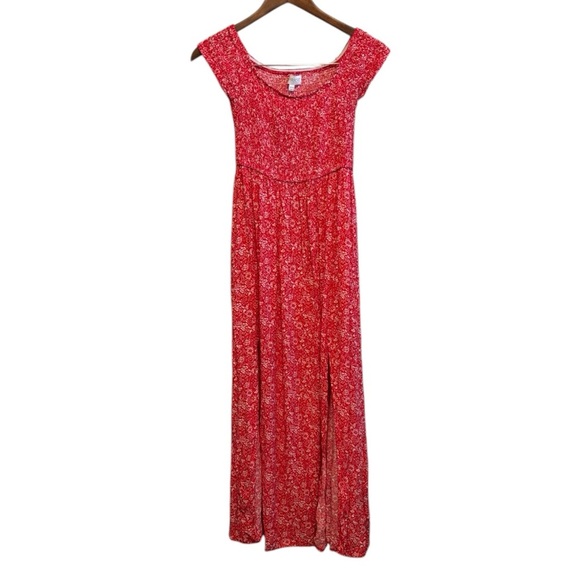 APRICOT Floral Flowy Lightweight Cap Sleeve Slit Maxi Sundress Dress Red White - Picture 11 of 11